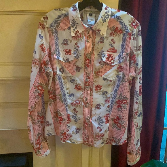 ALLEN B SCHWARTZ lightweight cotton floral snap down blouse sz L - Picture 1 of 16